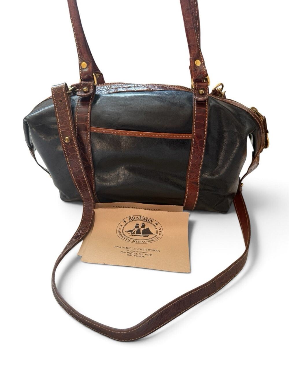 Vintage Brahmin Leather Doctor Bag Black Brown Croc Satchel Crossbody US Y2K 90s